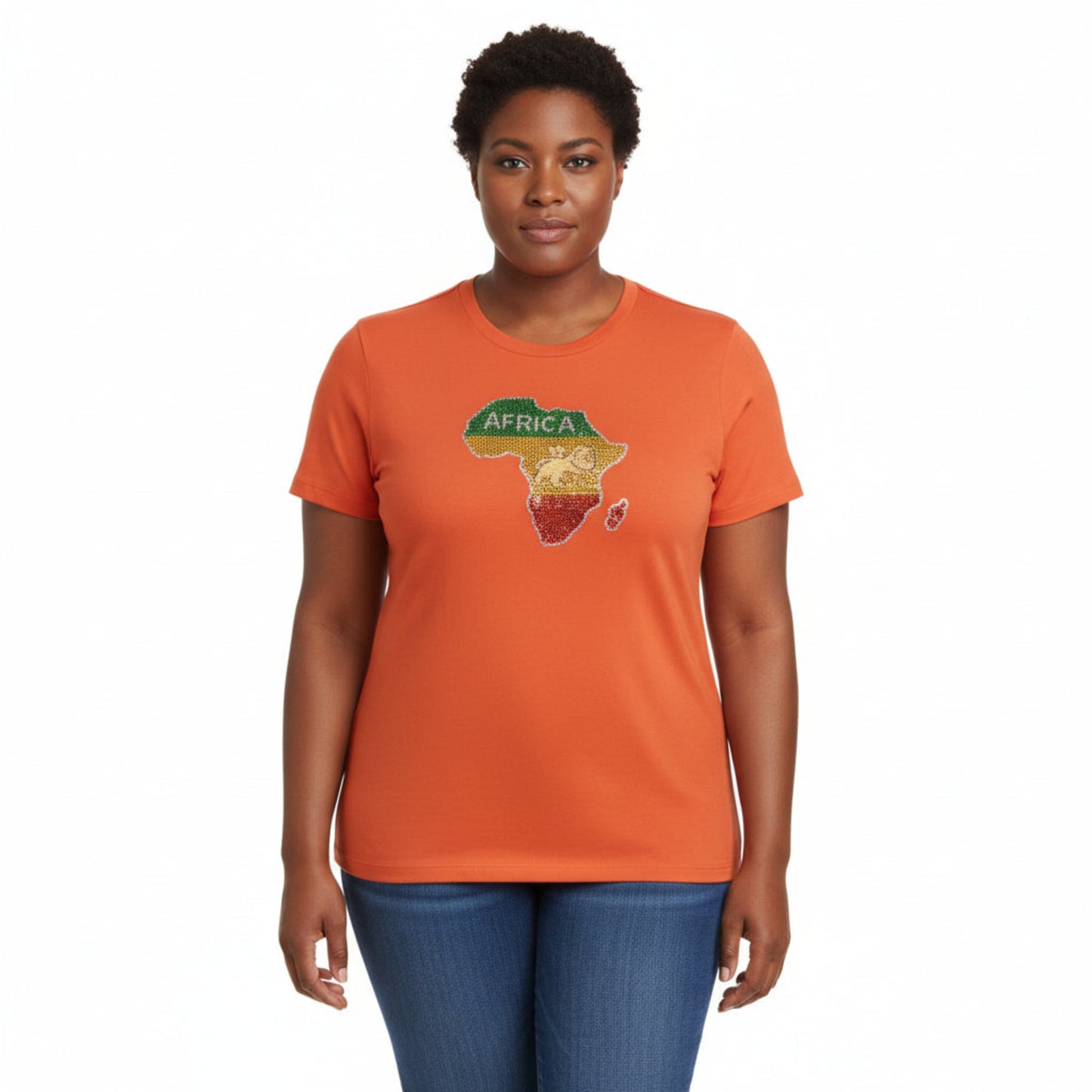 Person wearing an orange t-shirt with a rhinestone design of Africa on a white background