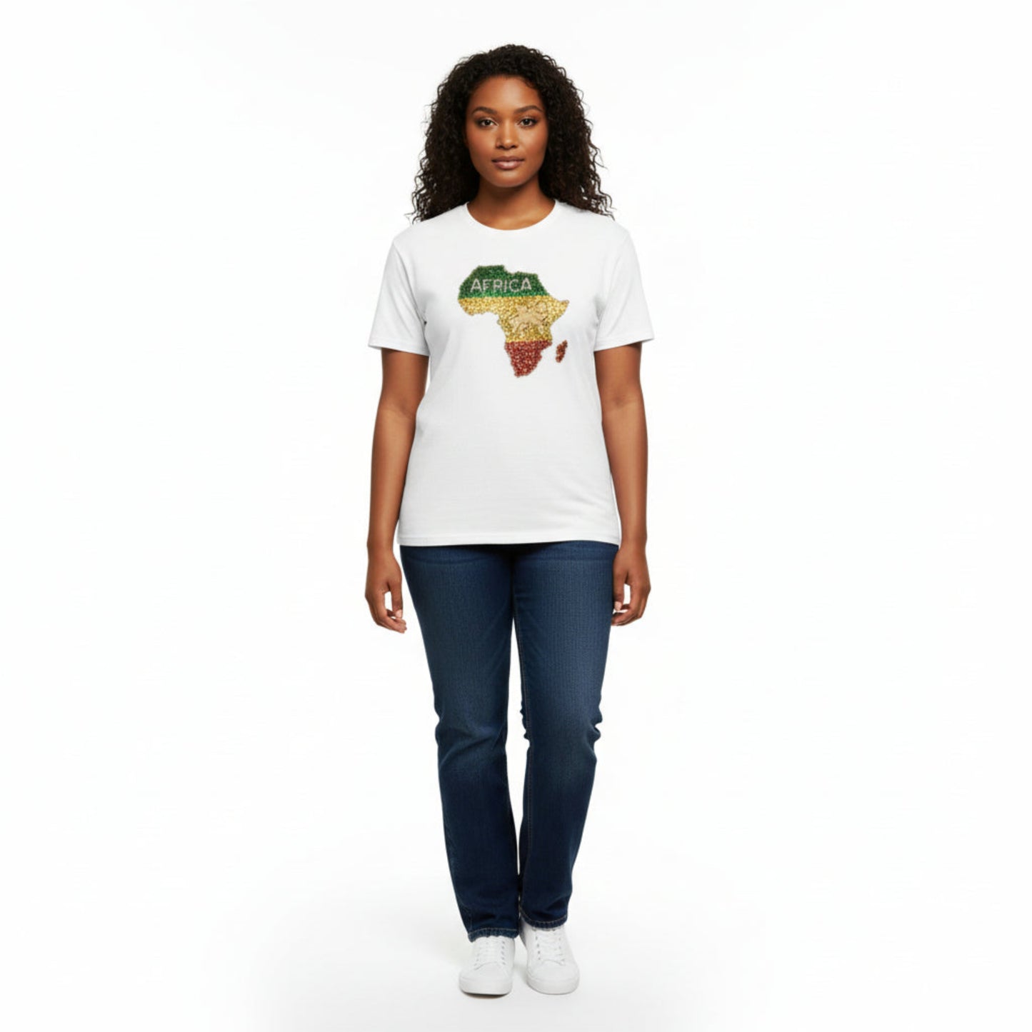 A young model wearing a White t-shirt with a colorful Africa rhinestone map design on a white background.