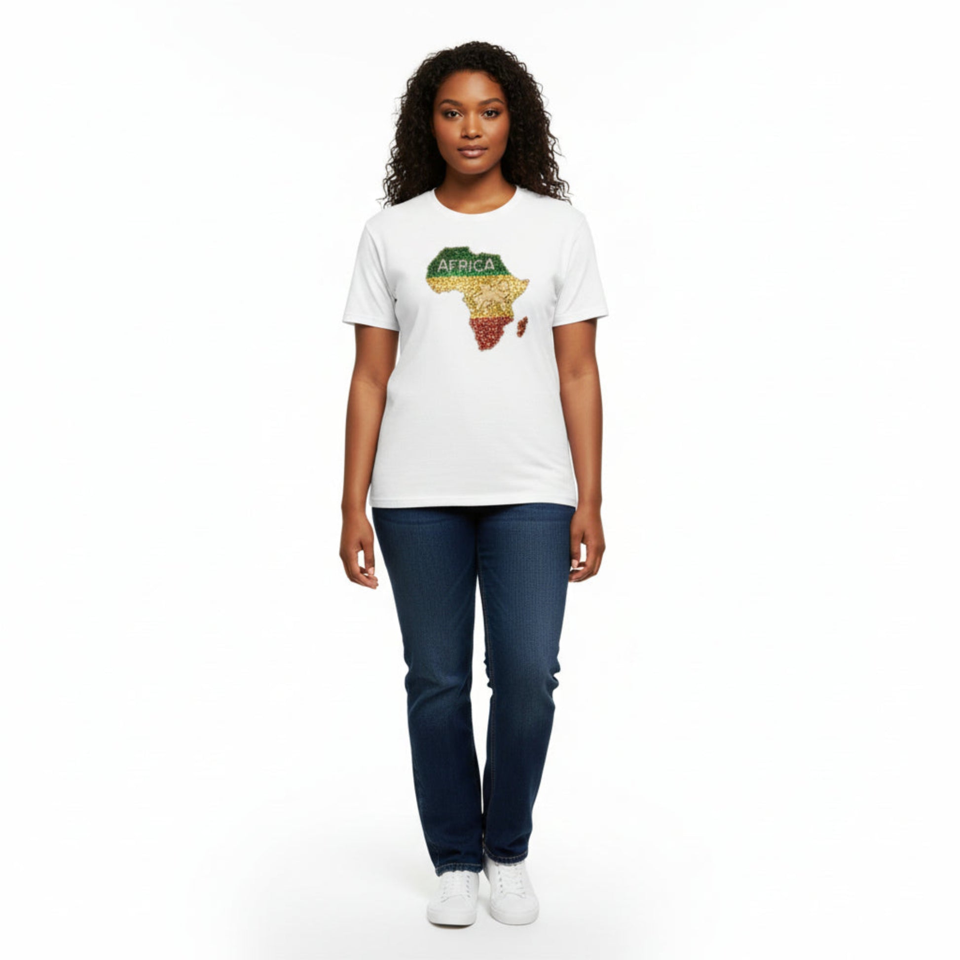 A young model wearing a White t-shirt with a colorful Africa rhinestone map design on a white background.