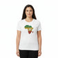 Woman wearing a white t-shirt with an 'Africa' graphic design on a white background