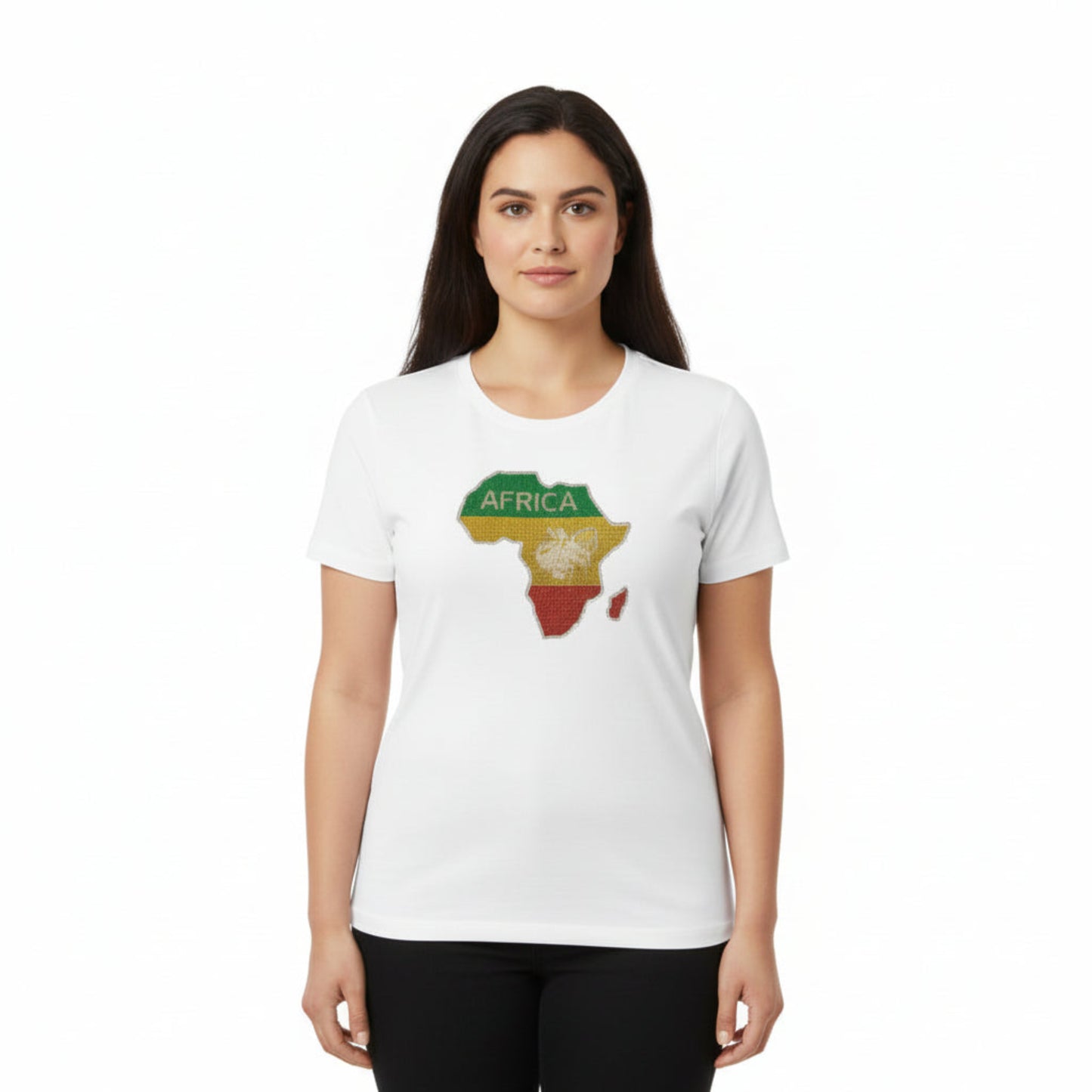 Woman wearing a white t-shirt with an 'Africa' graphic design on a white background