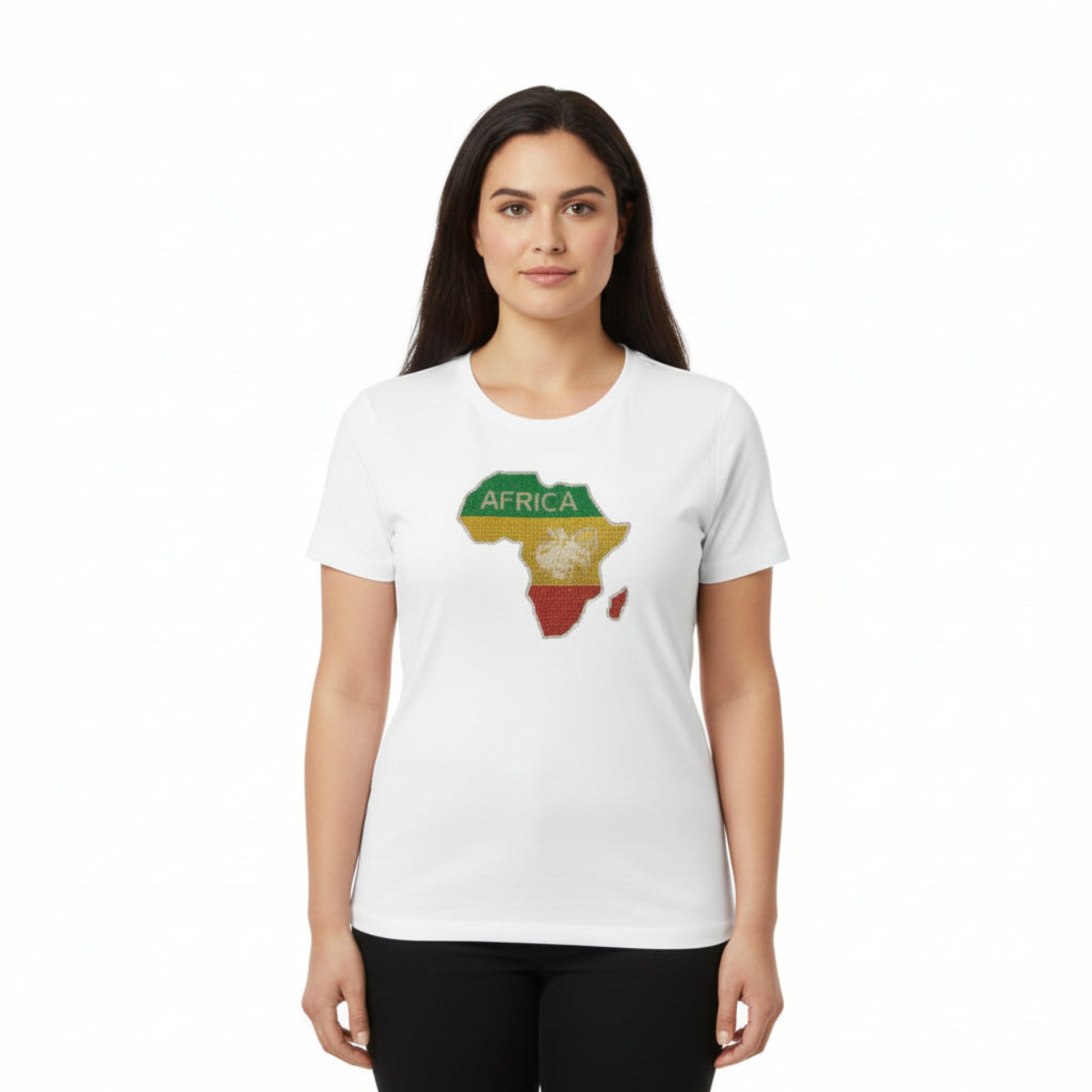 Woman wearing a white t-shirt with an 'Africa' graphic design on a white background