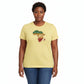 Woman wearing a yellow t-shirt with an 'Africa' graphic design on a white background