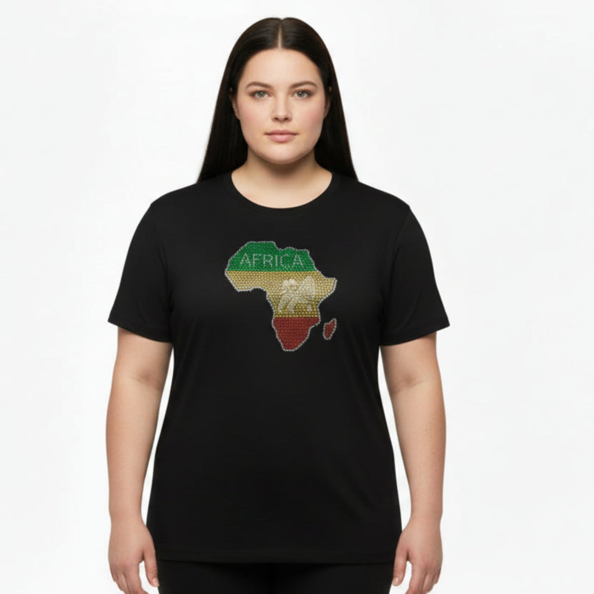 Woman wearing a black t-shirt with a map of Africa design