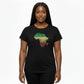 Woman wearing a black t-shirt with a map of Africa design on a white background