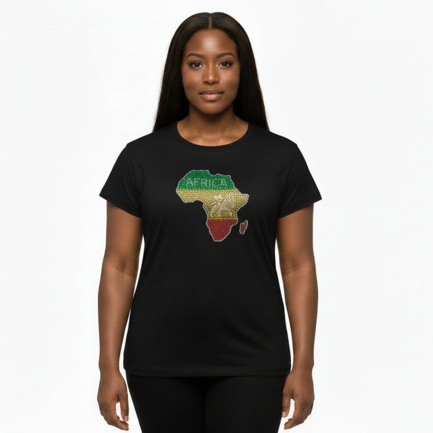 Woman wearing a black t-shirt with a map of Africa design on a white background