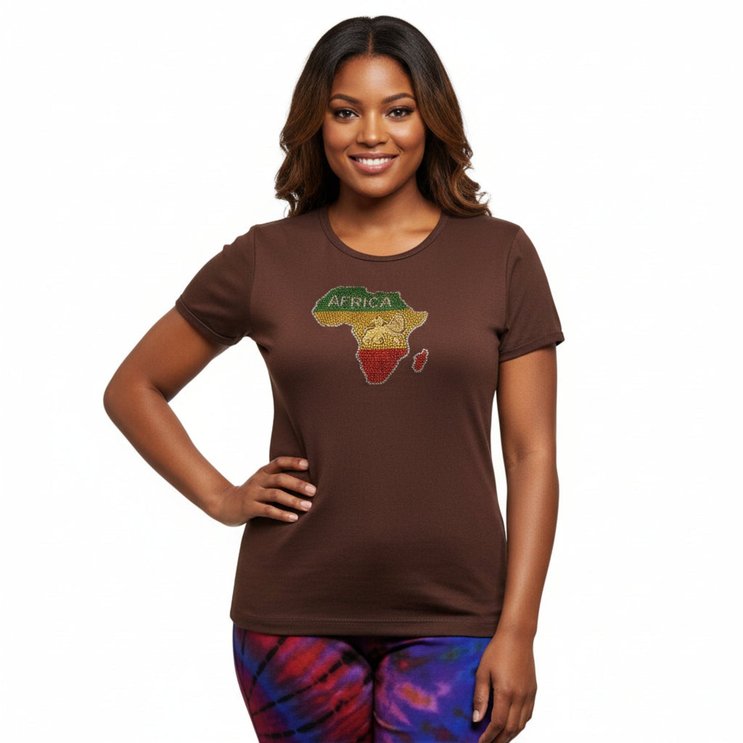 Woman wearing a brown t-shirt with an 'Africa' rhinestone design on a white background