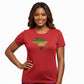 Woman wearing a red t-shirt with a map of Africa design on a white background