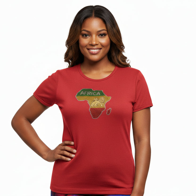 Woman wearing a red t-shirt with a map of Africa design on a white background