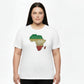Person wearing a white t-shirt with an 'Africa' graphic design on a plain background