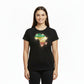 Black t-shirt with a colorful Africa map design on a model against a white background