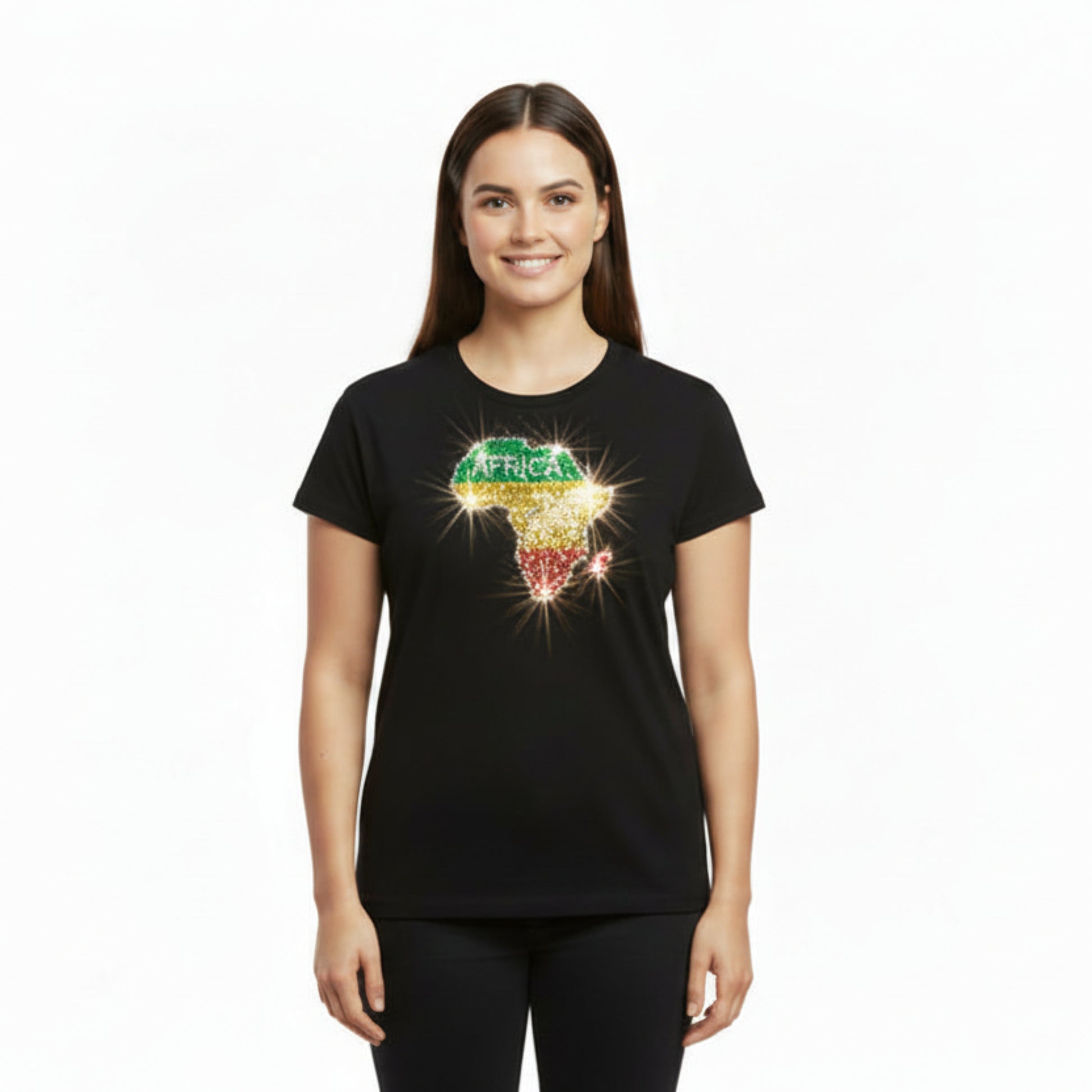 Black t-shirt with a colorful Africa map design on a model against a white background