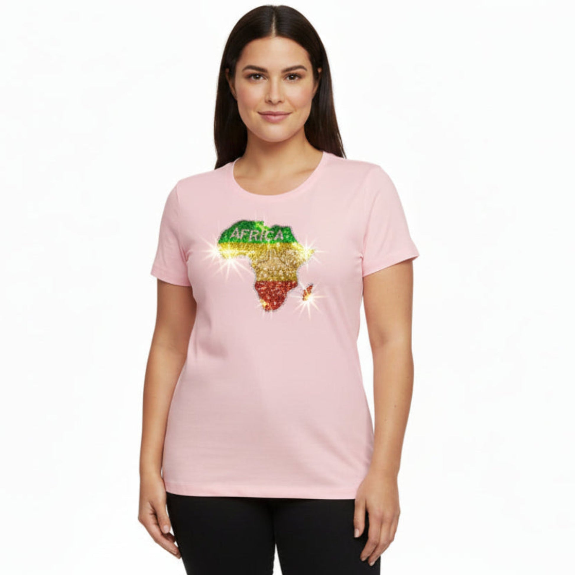 Woman wearing a pink t-shirt with a colorful graphic design on a white background