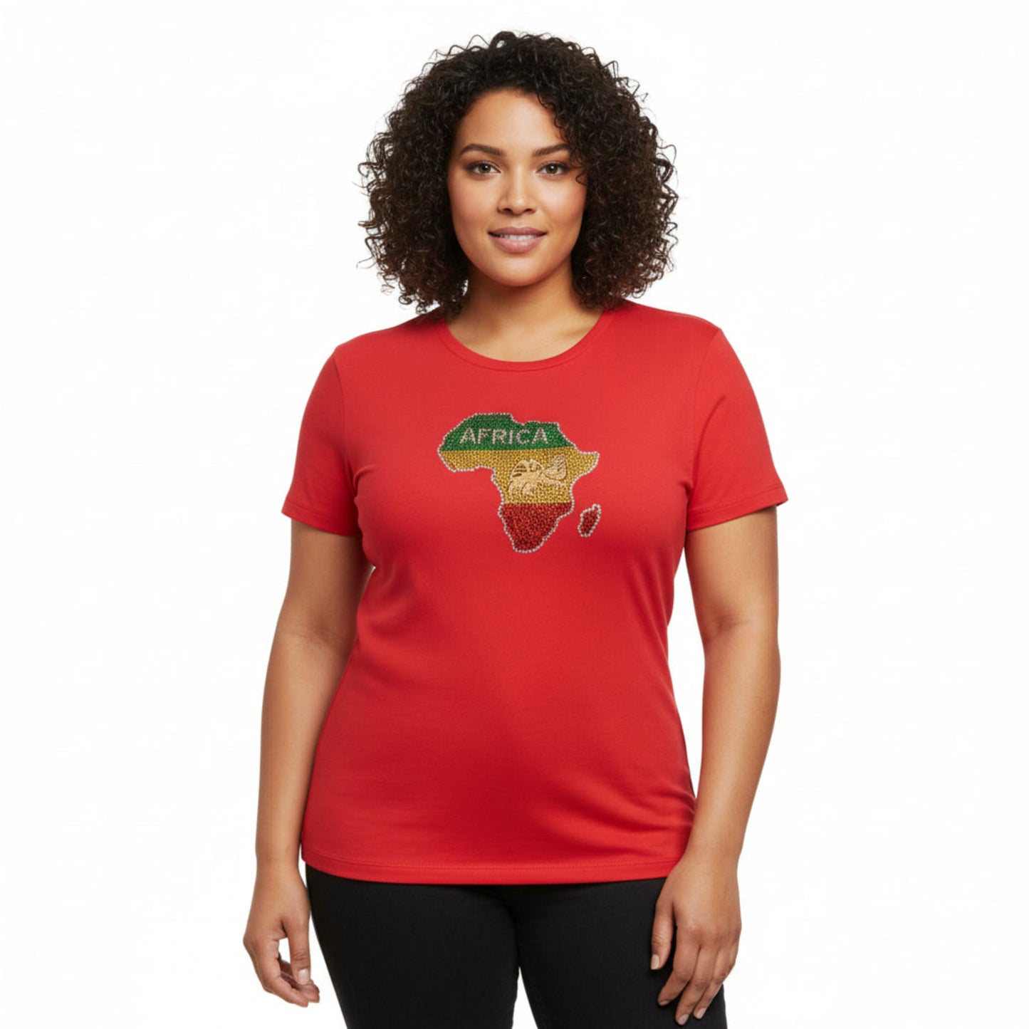 Young lady wearing a Red t-shirt with a colorful Africa rhinestone map design on a white background