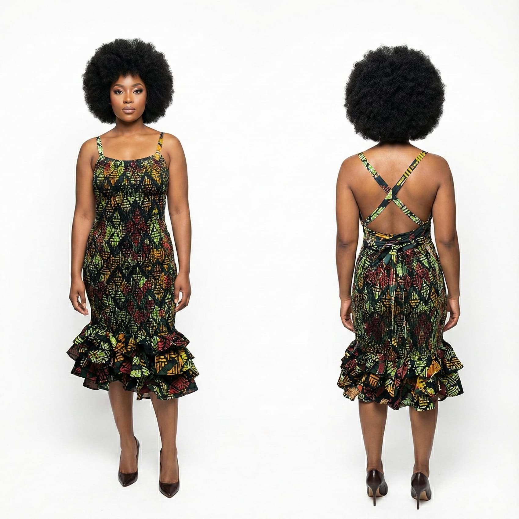 Woman wearing a patterned dress from front and back views on a white background. SanJules