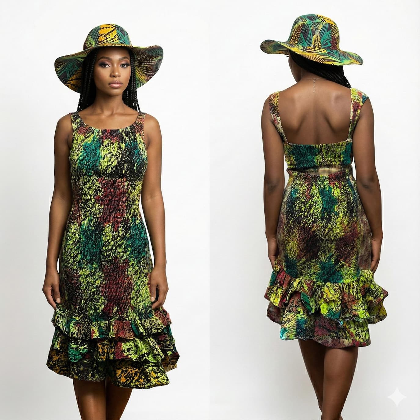 Woman wearing a colorful dress and hat, shown from front and back on a white background.  SanJules