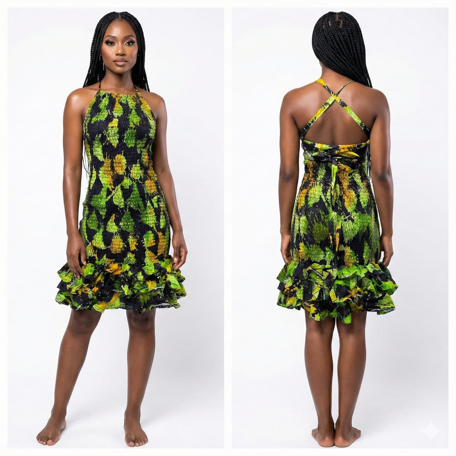 Woman wearing a green and yellow patterned dress, front and back views, on a white background.
