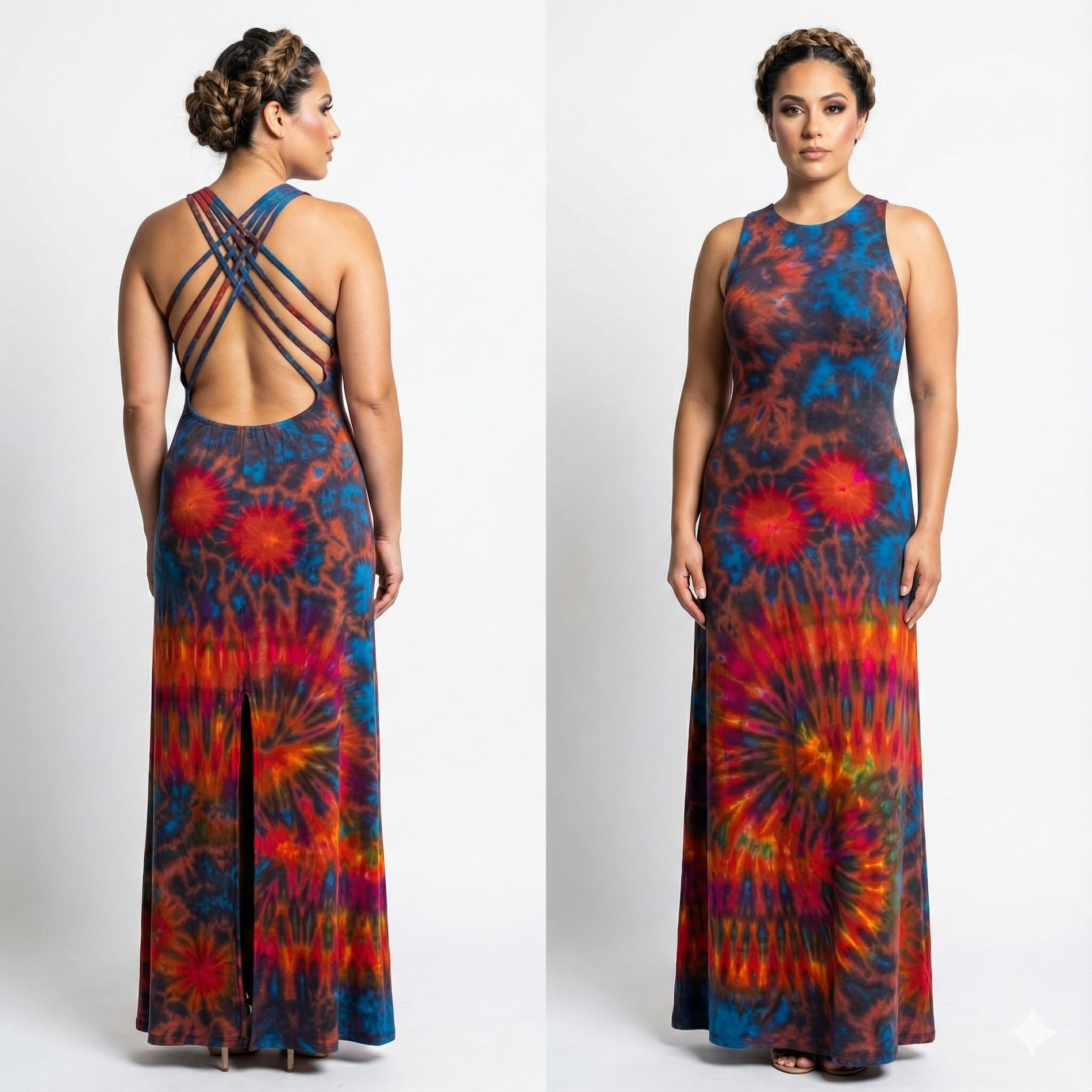 Woman wearing a tie-dye dress from back and front view on a white -background-Sanjules