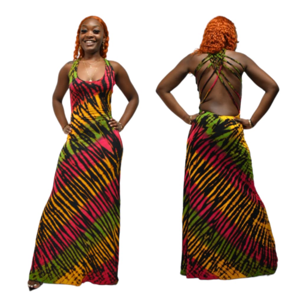 Model wearing tie dye dress with strappy back ion a white background- SanJules