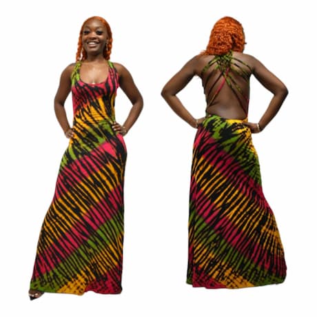 Woman wearing a colorful dress with a patterned design, shown from front and back on a white background.-Sanjules