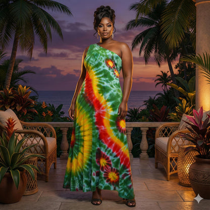 Woman in a tie-dye dress cold shoulder dress standing on a patio with palm trees and ocean view SanJules