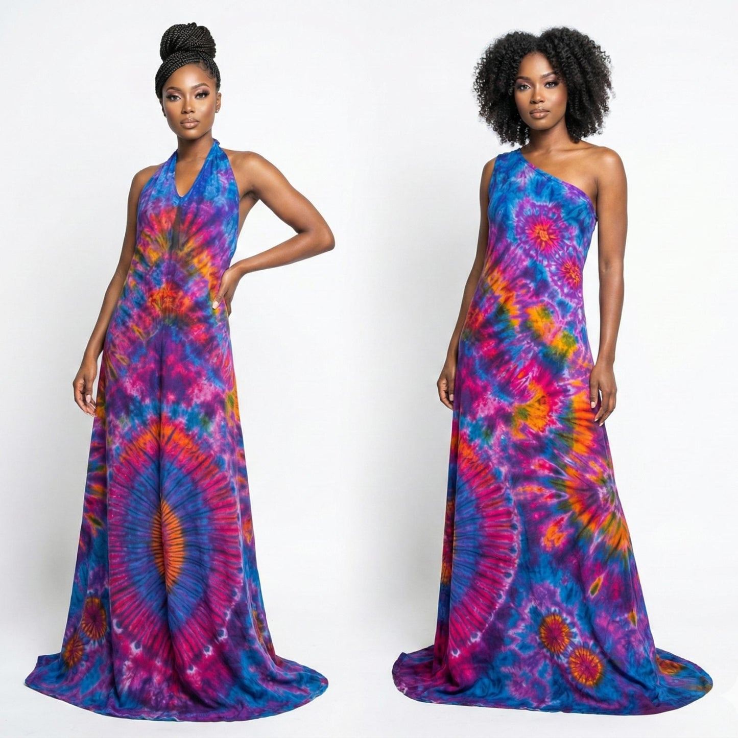 Two models wearing cold shoulder  tie-dye dresses in two different ways on a white background. SanJules