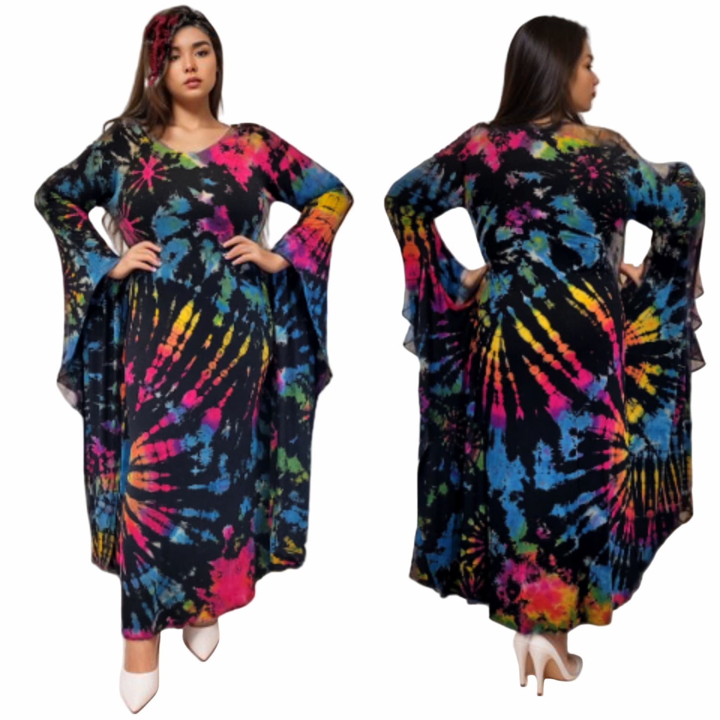 Multicolored tie-dye dress worn by a model on a white background-Sanjules