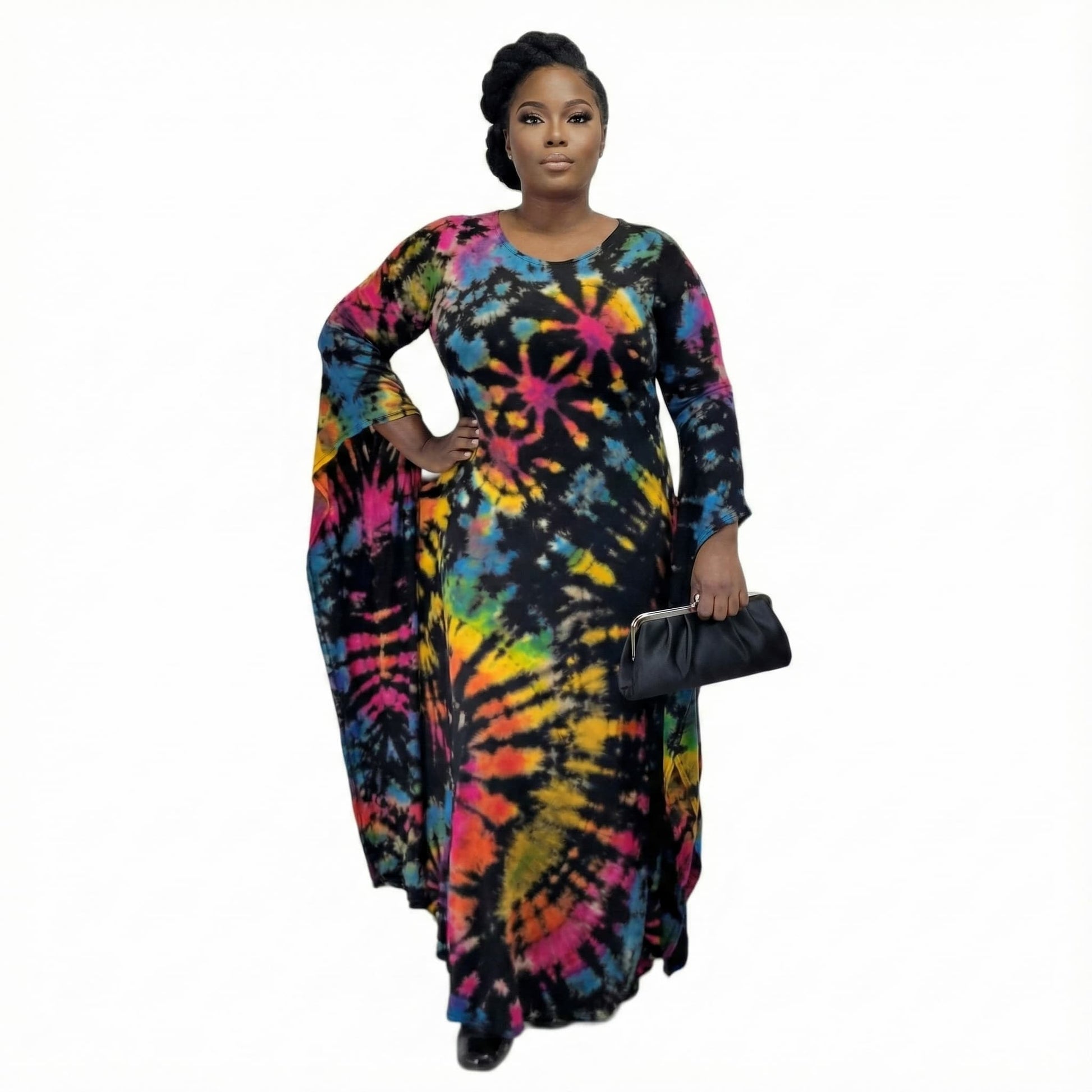 Hand-Dyed Maxi Dress with Statement Sleeves | 100% Viscose | SanJules Black multi color #27 / 56' / One Size Most (Fits 4-18) Hand-Dyed Maxi Dress with Statement Sleeves | 100% Viscose | SanJules Black multi color #27 / 56' / One Size Most (Fits 4-18)