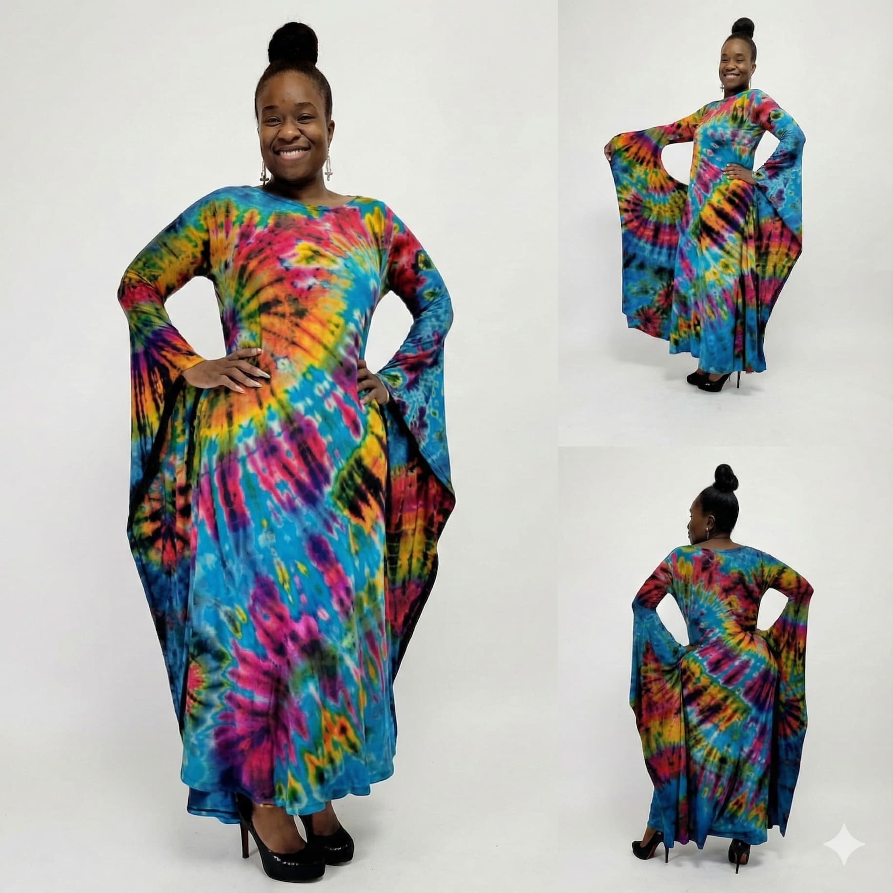 Woman wearing a colorful tie-dye dress on a white background-Sanjules