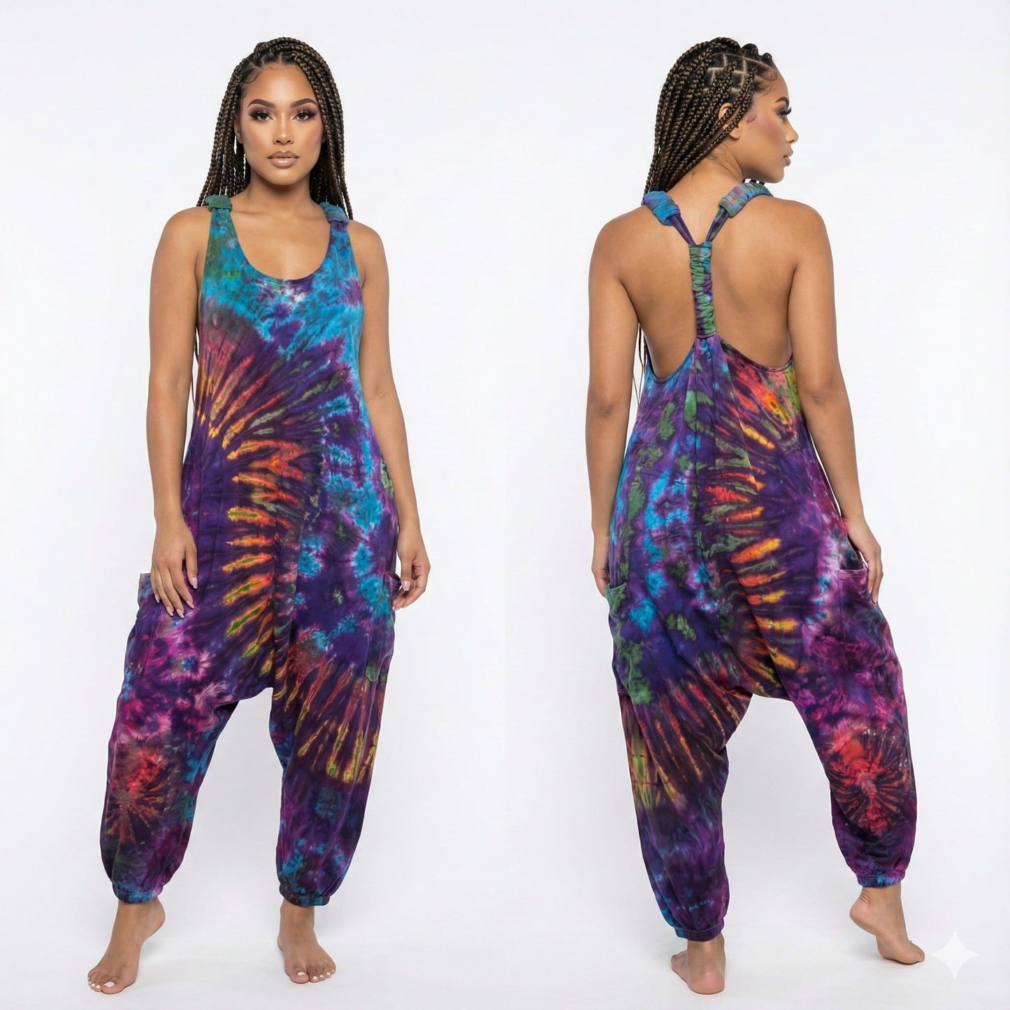 Woman wearing a tie-dye jumpsuit, front and back views, on a white background  SanJules