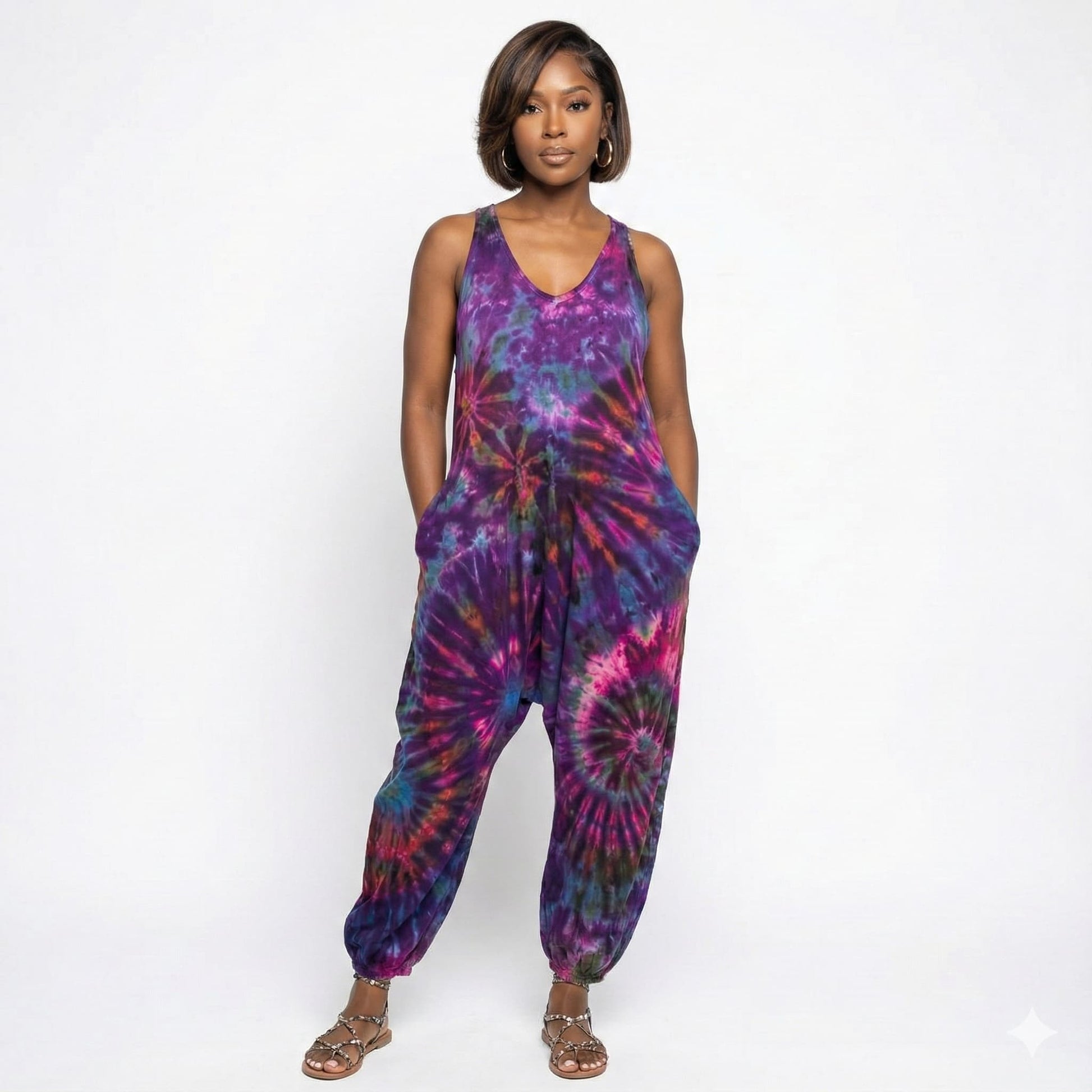 Woman wearing a tie-dye jumpsuit on a white background SanJules