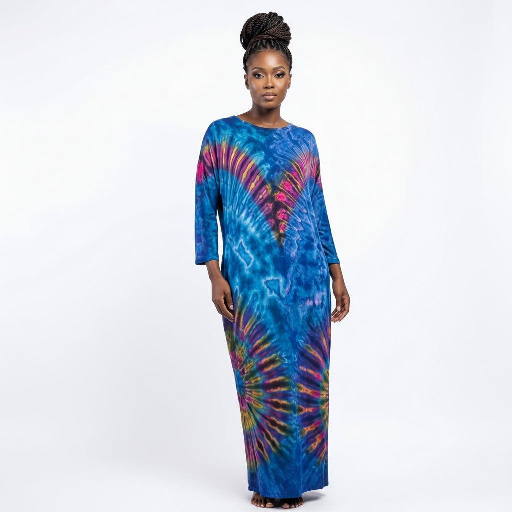 Hand-dyed cocoon dress - vibrant tie-dye bohemian style - SanJules