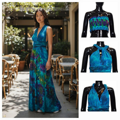 Woman wearing a blue tie-dye dress with matching tops on mannequins-outdoors.Sanjules