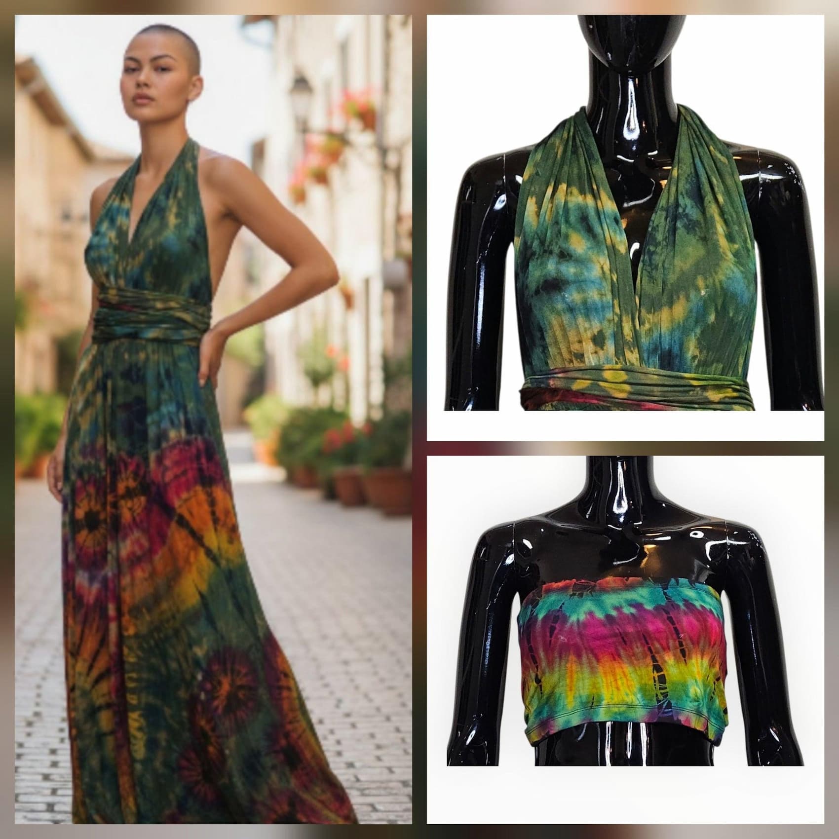 Tie-dye dress and crop tops on a model and mannequin with a blurred outdoor background.-SanJules