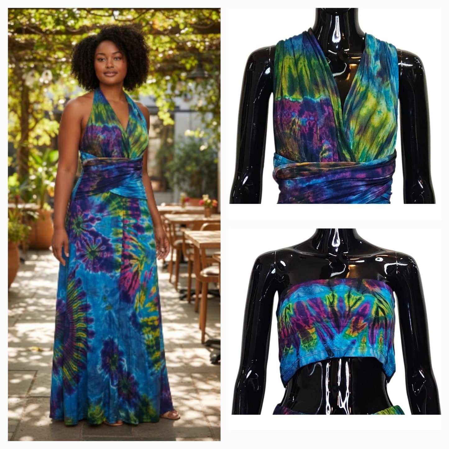 Multicolored Infinity wrap patterned dress worn by a model in various settings SanJules