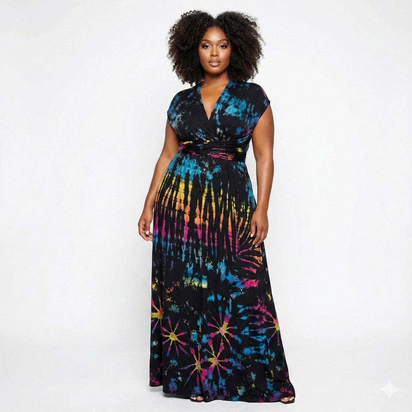 Woman wearing a colorful tie-dye infinity dress on a white background SanJules