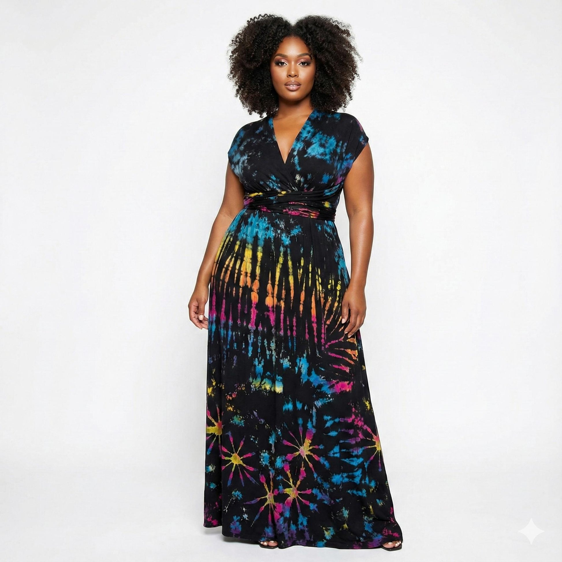 Woman wearing a colorful tie-dye infinity dress on a white background SanJules
