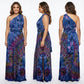 Blue tie-dye one-shoulder dress shown from front, side, and back on a white background.-Sanjules