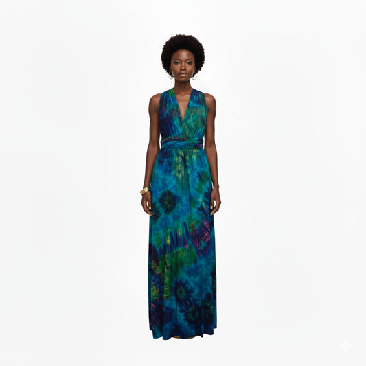 Woman wearing a infinity blue tie-dye wrap dress on a white background SanJules