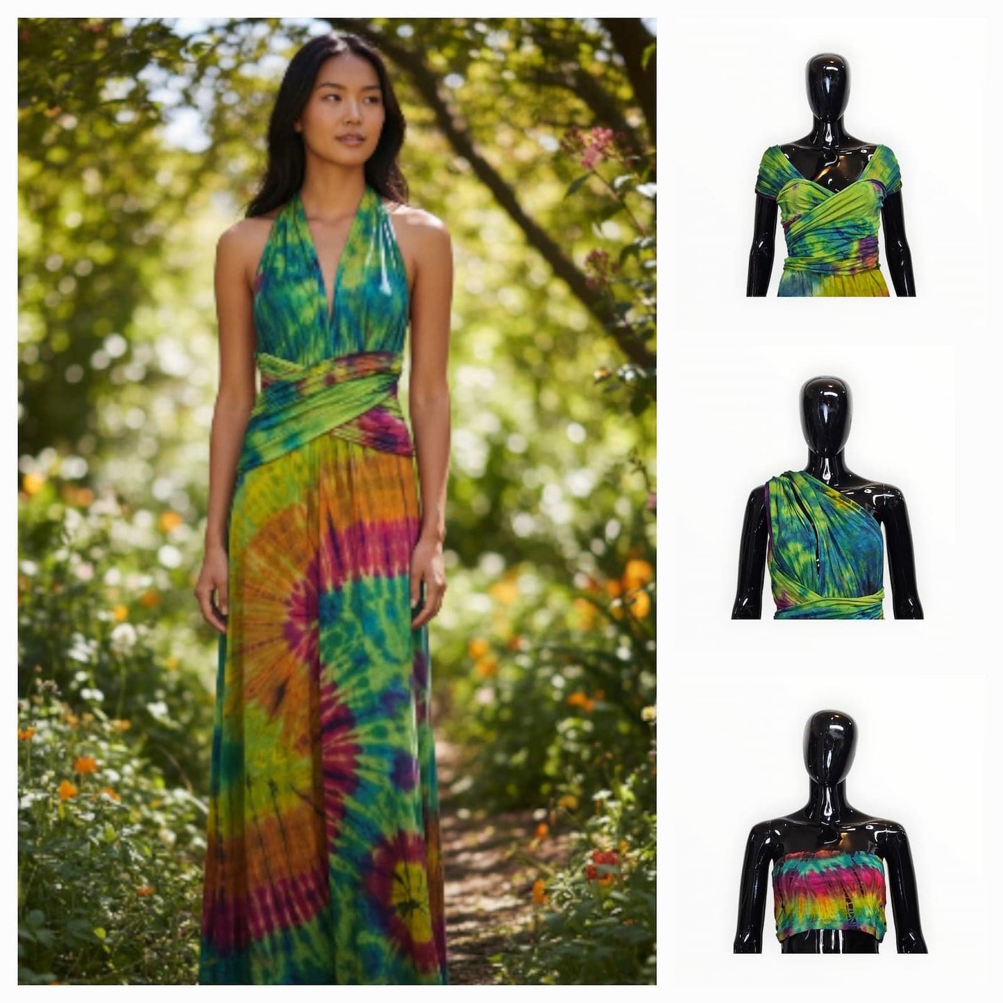 Woman wearing a colorful tie-dye dress in a garden setting with mannequin displays of the same dress.-Sanjules