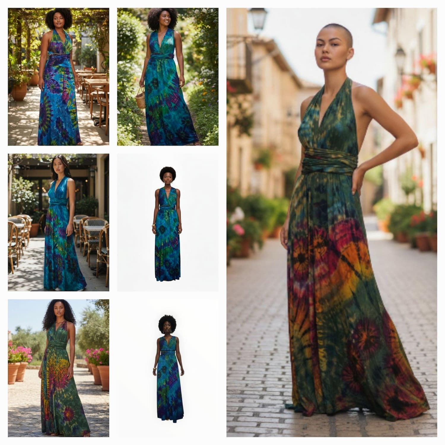 Woman wearing a colorful dress in various outdoor settings-Sanjules