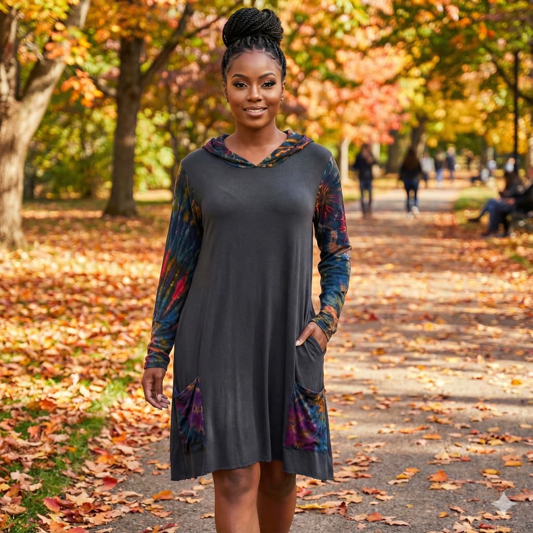 Woman in a gray dress with colorful patterns standing on a path with autumn leaves-Sanjules.