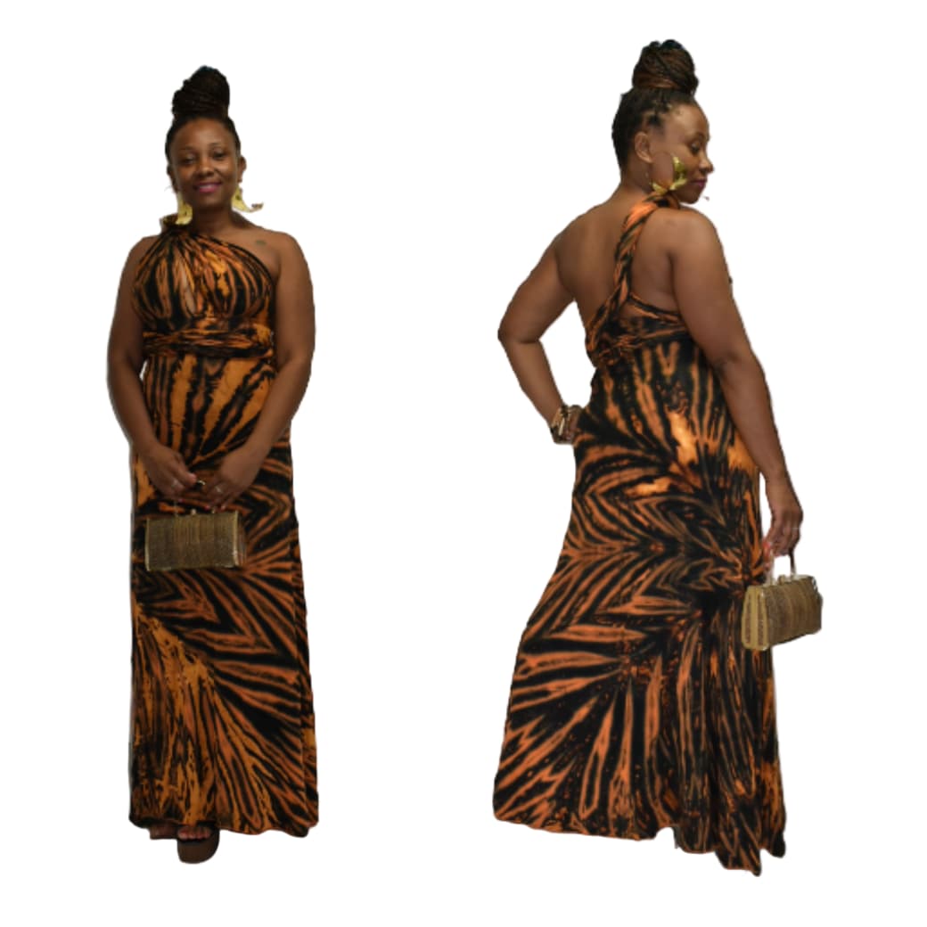 Woman wearing a black and orange tie dye dress-Sanjules