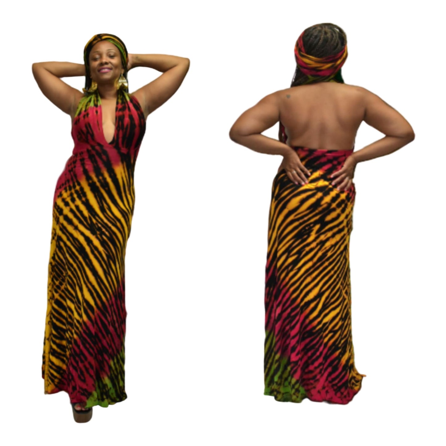 Woman wearing a colorful zebra print dress on a white background-Sanjules