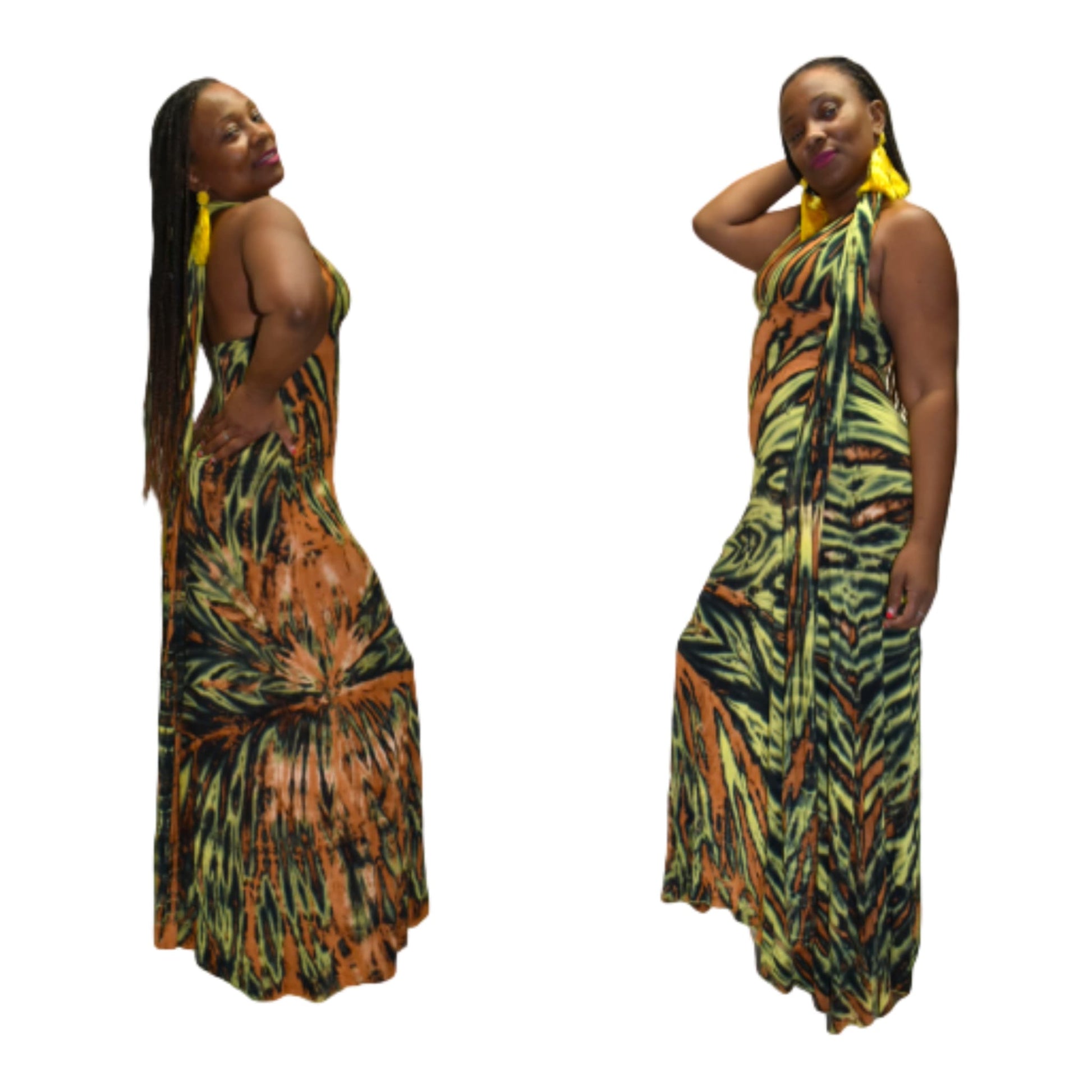 Two women wearing colorful patterned dresses on a white background-Sanjules