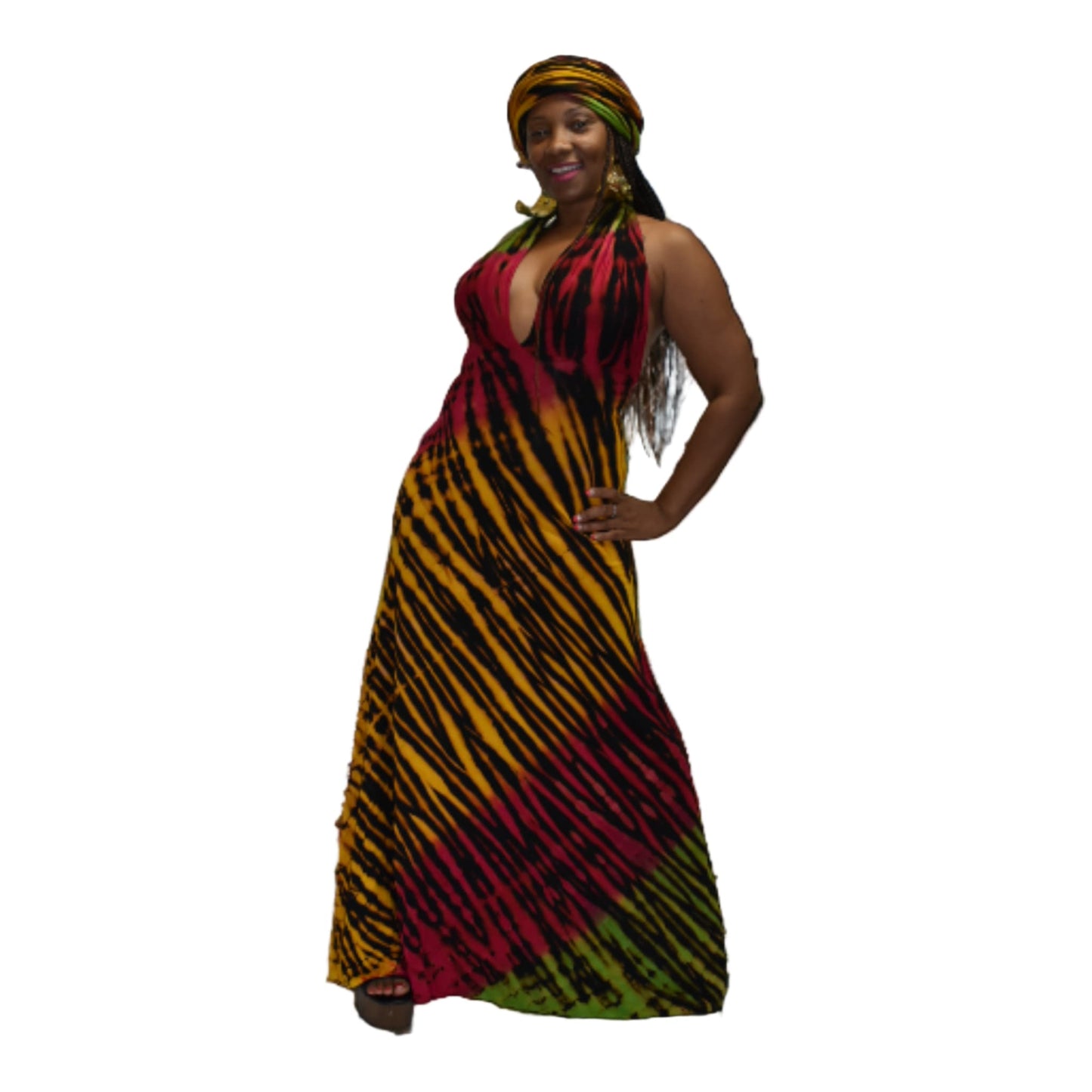 Woman wearing a colorful dress with a pattern on a white background-Sanjules