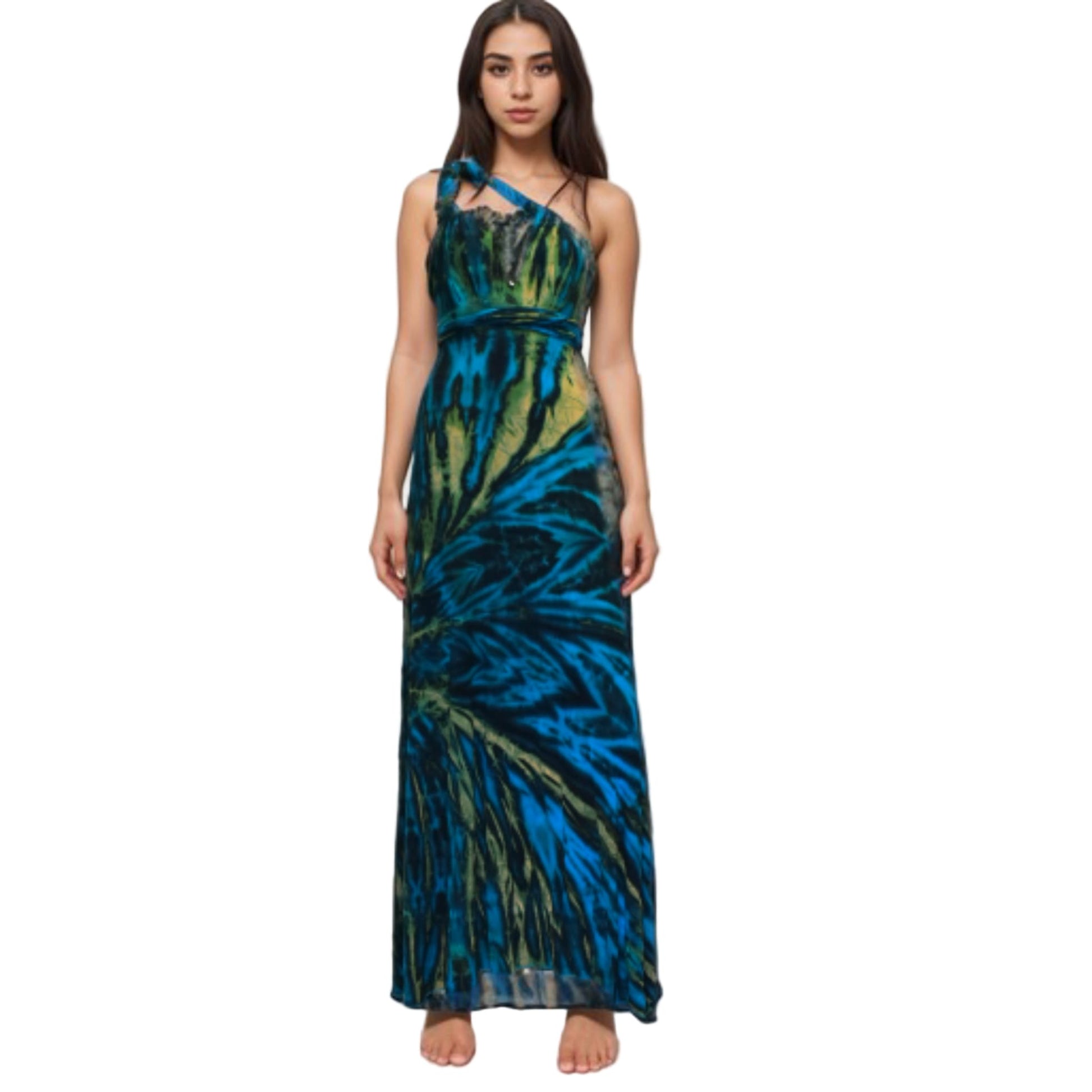 Woman wearing a blue and green patterned dress on a white background-Sanjules