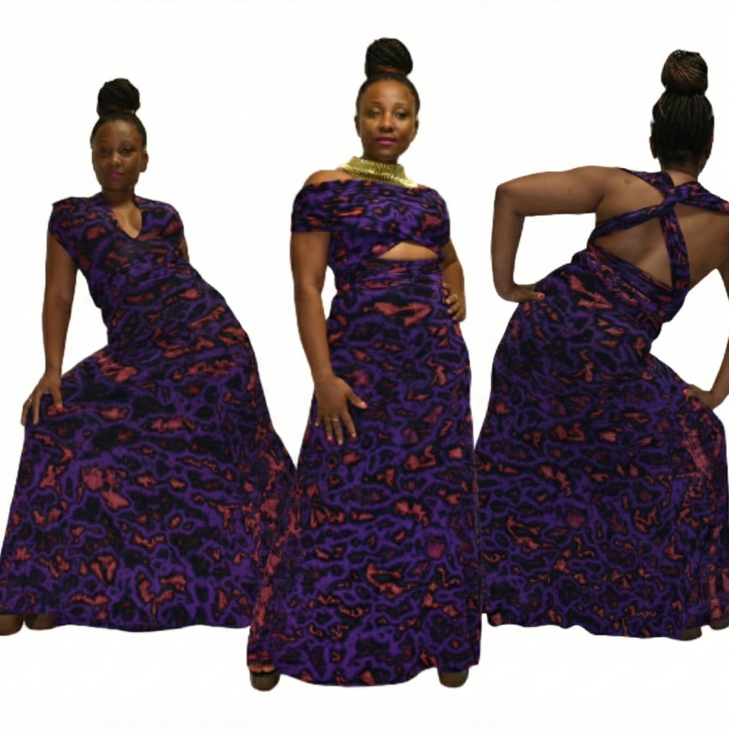 Three views of a woman wearing a purple and red patterned dress on a white background-Sanjules