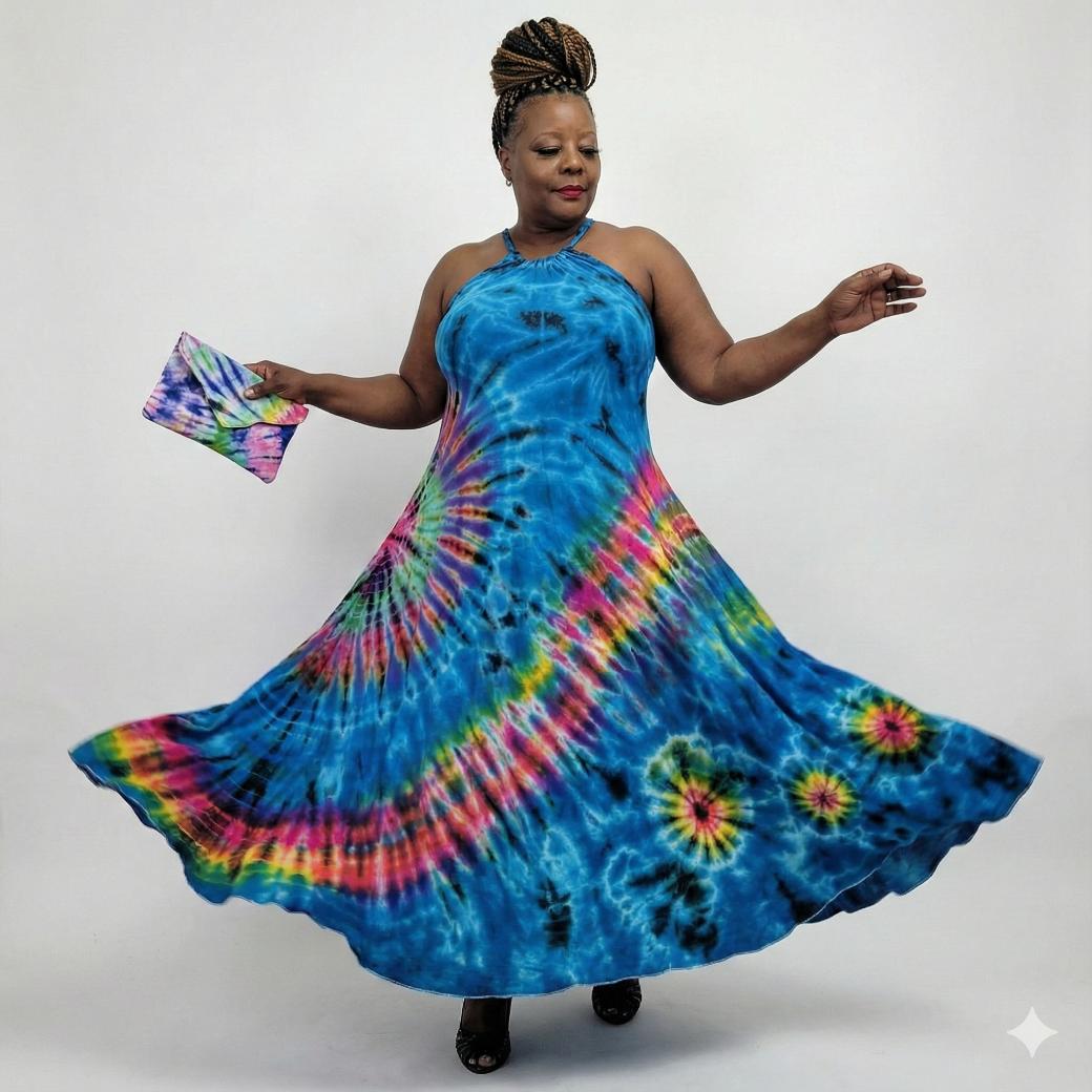Woman wearing a tie-dye dress with a colorful clutch against a white background SanJules