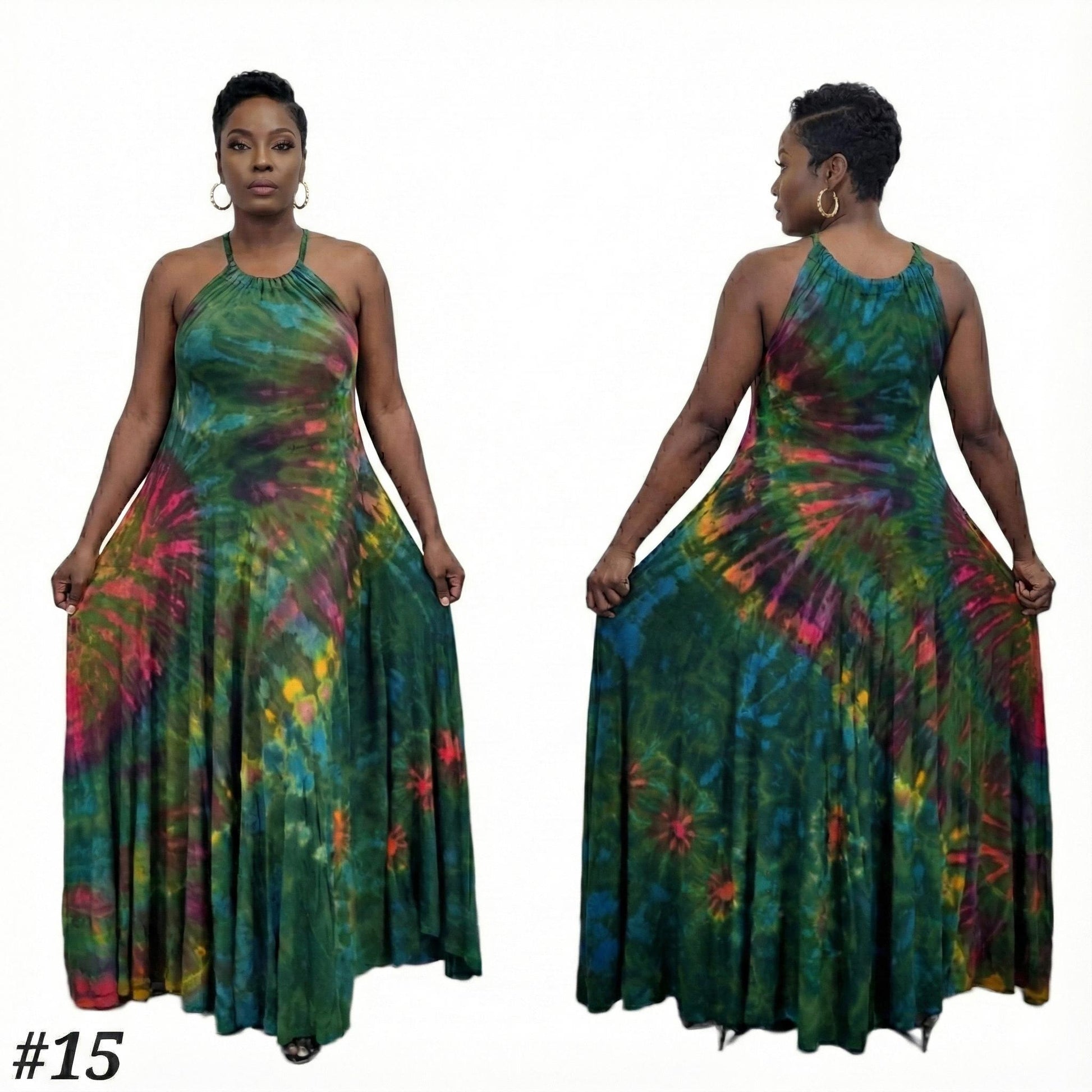 Multicolored tie-dye dress worn by a model on a white background SanJules